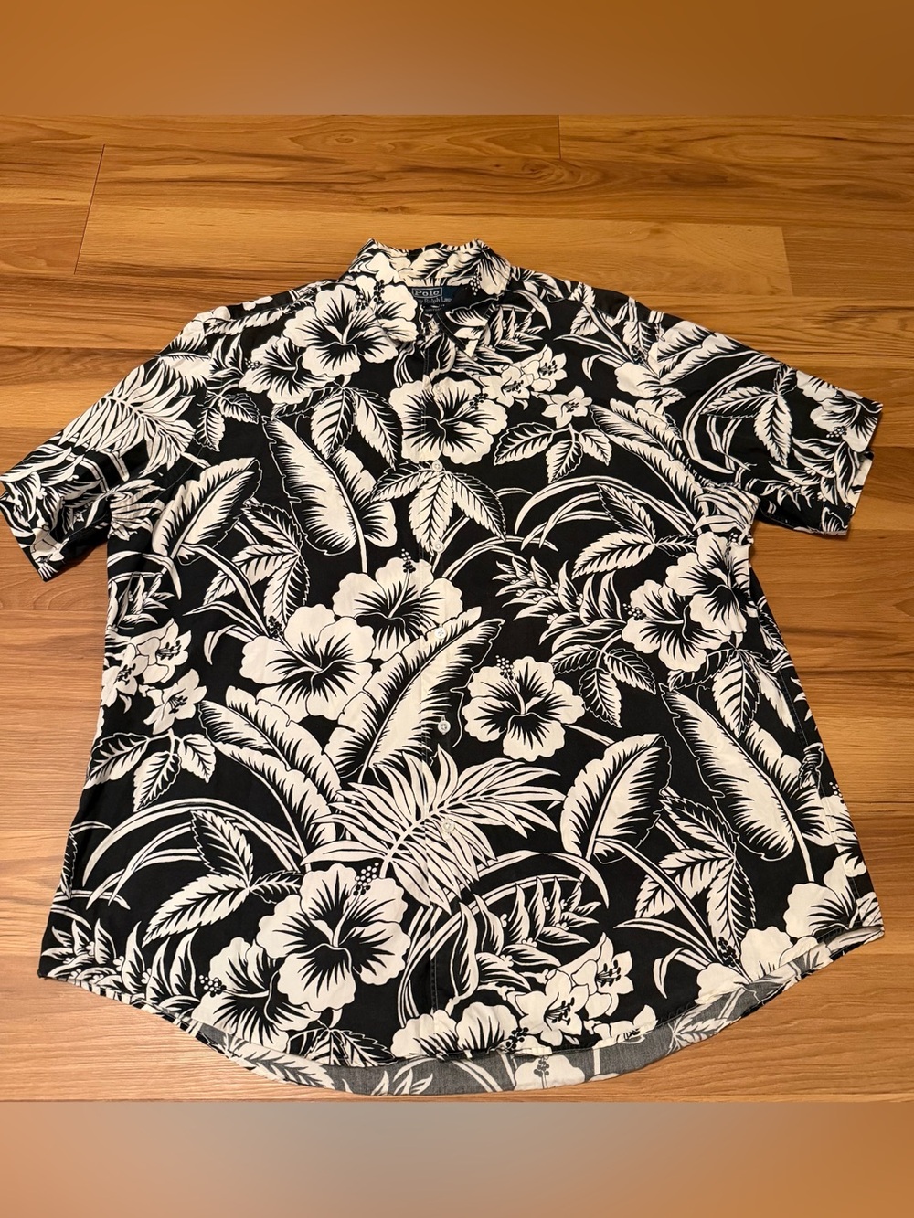Rare Vtg Ralph Lauren Black & White Floral Hawaiian Shirt